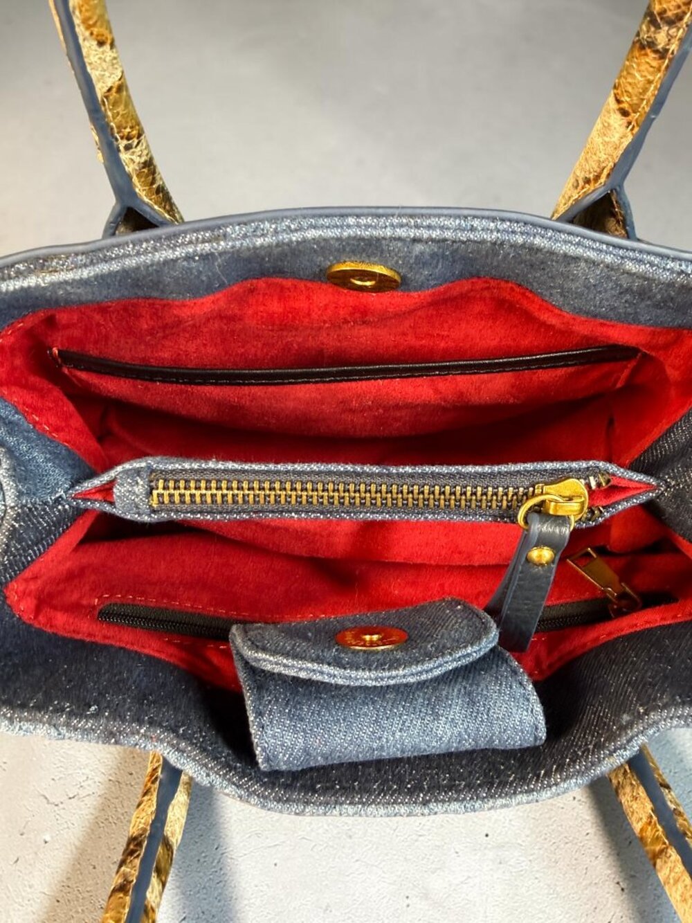 Sharif Legacy Denim and Snake Embossed Top Handle Crossbody - SAMPLE Bag - Picture 11 of 14